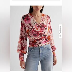 Express Floral V-Neck Long Sleeve Faux Wrap Pleated Waist Top XS NWT